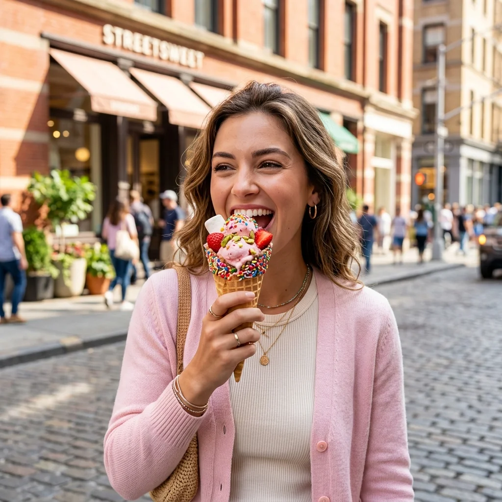 Friice lover enjoying Double Strawberry Cone in Spring St, SoHo