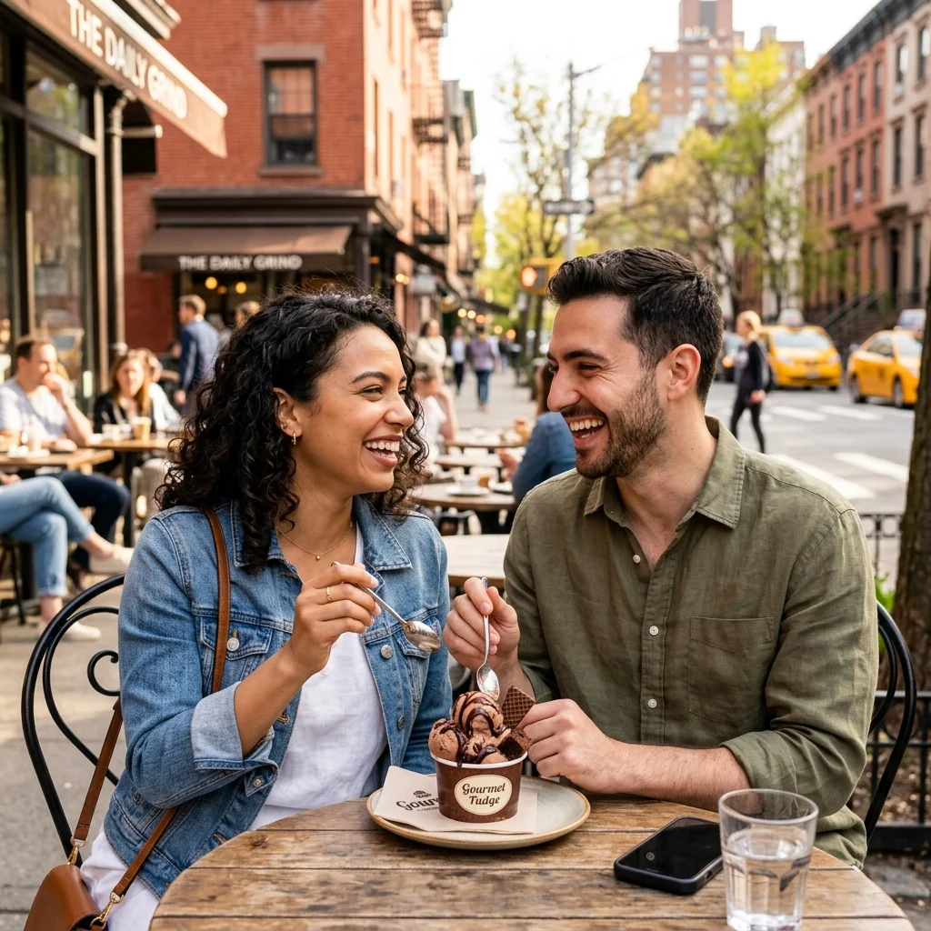 Friice lover enjoying Chocolate Fudge Cup in Washington Sq Park
