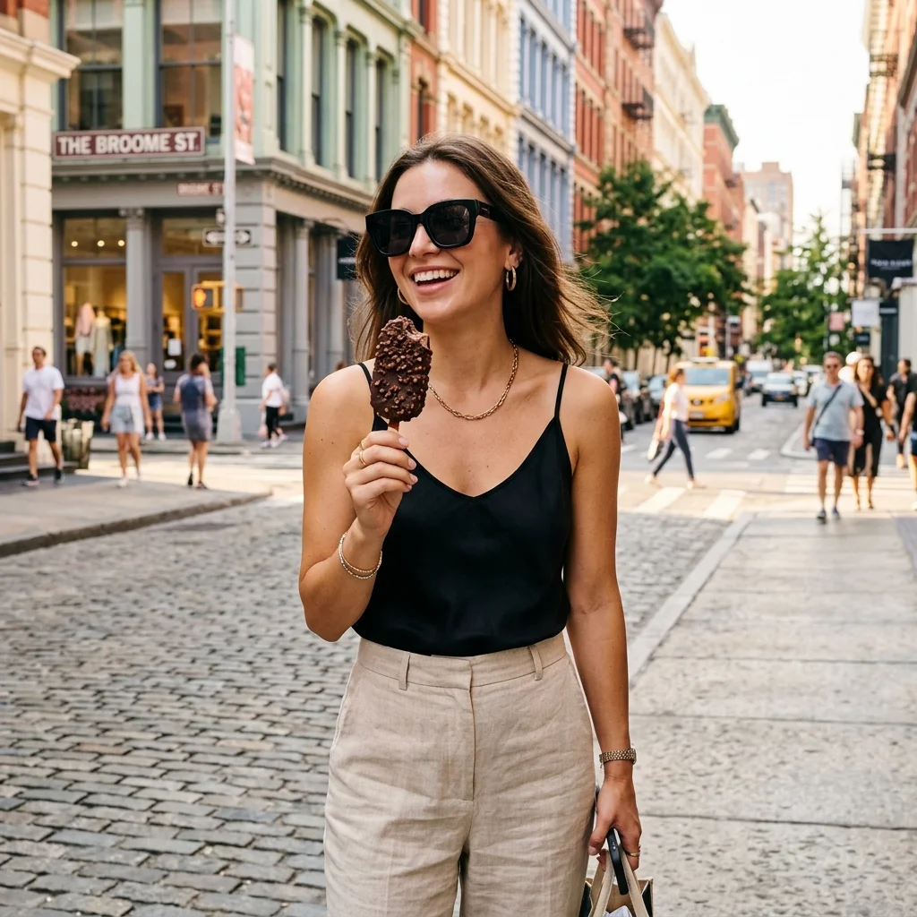 Friice lover enjoying Dark Choco Crunch Bar in Broome St, NY